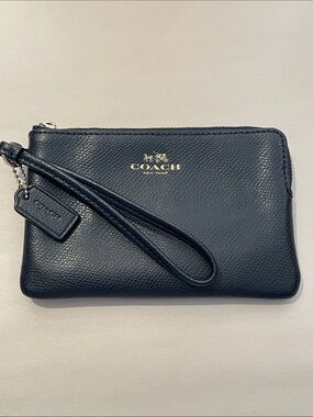 Coach Navy Pebbled Leather Wristlet with Gold Logo